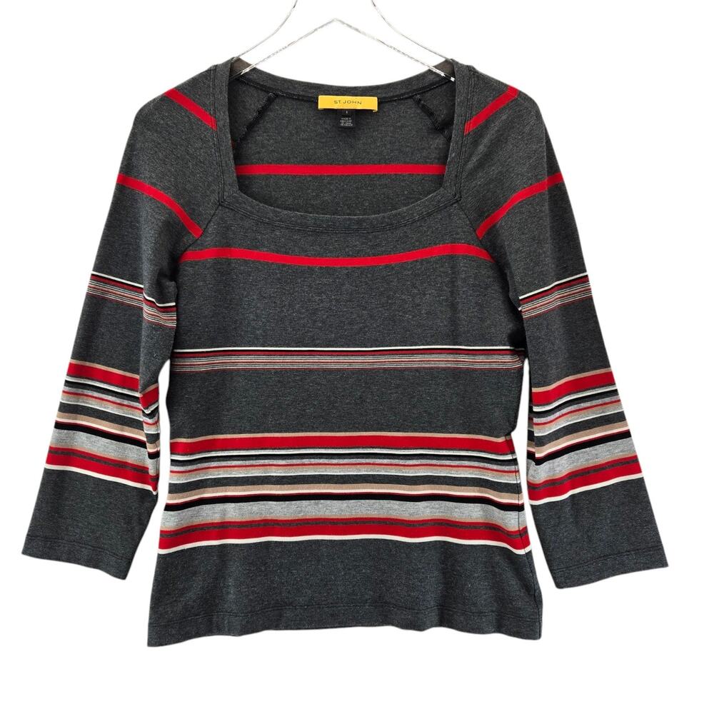 St John Shirt Womens Small Striped Square Neck Gray Red Designer Resort Cruise
